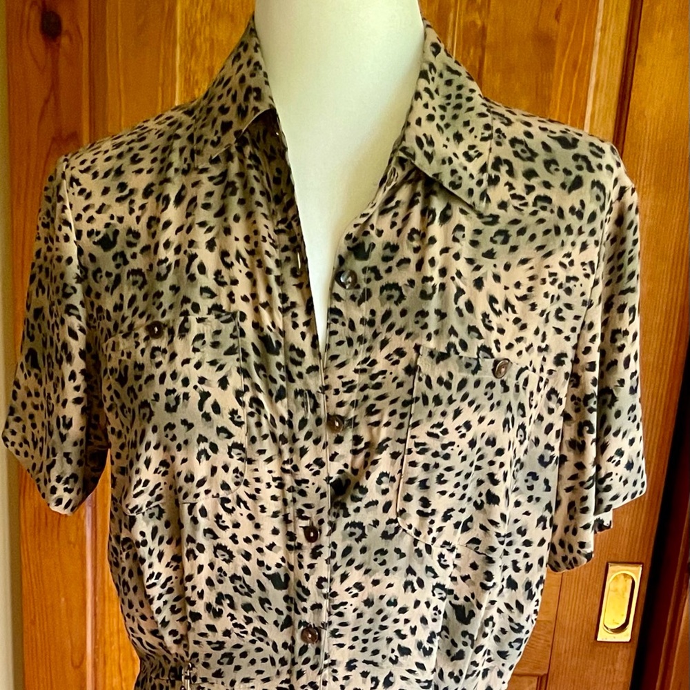 Silk leopard print dress in black, grey, taupe multi color.